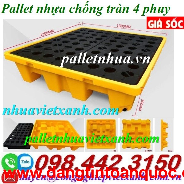 Pallet nhựa chống tràn dầu - hóa chất 4 phuy kích thước 1300x1300x300mm