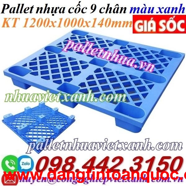 Pallet nhựa cốc 9 chân 1200x1000x140mm màu xanh dương