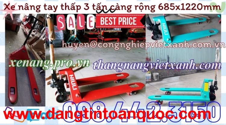 Xe nâng tay thấp 3 tấn càng rộng 685x1220mm