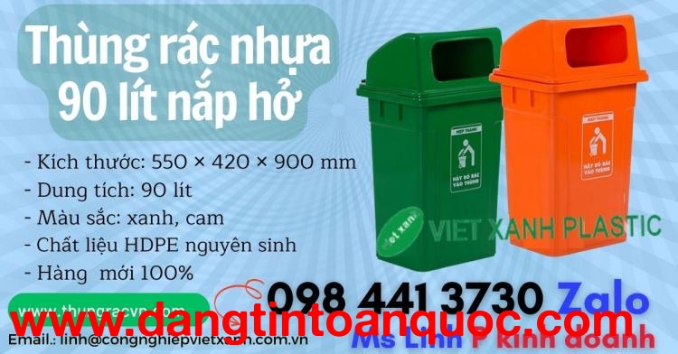 Thùng rác nhựa 90 lít nắp hở, nắp kín màu xanh, cam giá gốc