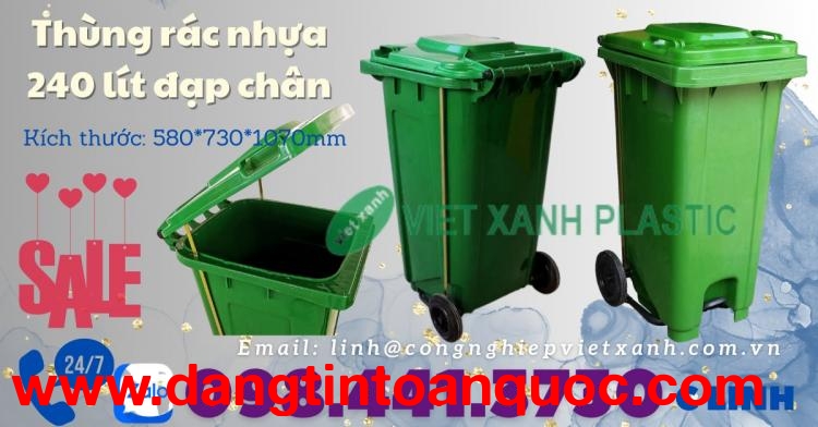 Thùng rác 240 lít nắp kín xanh dương MGB240, thùng rác nhựa 240L MGB240, thùng rác nắp ki