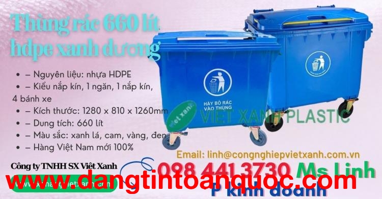 Thùng rác 660L HDPE xanh dương