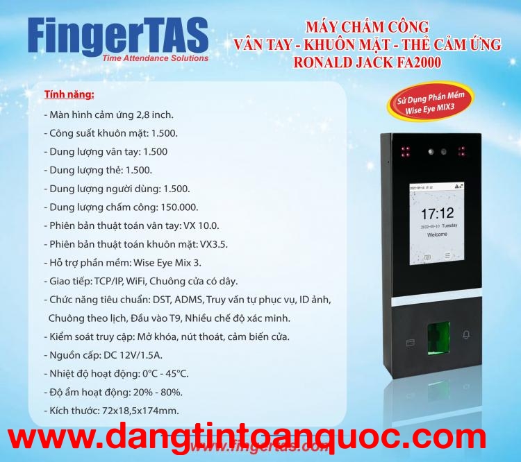 Máy Chấm Công Bằng Khuôn Mặt FA2000 tặng phần mềm