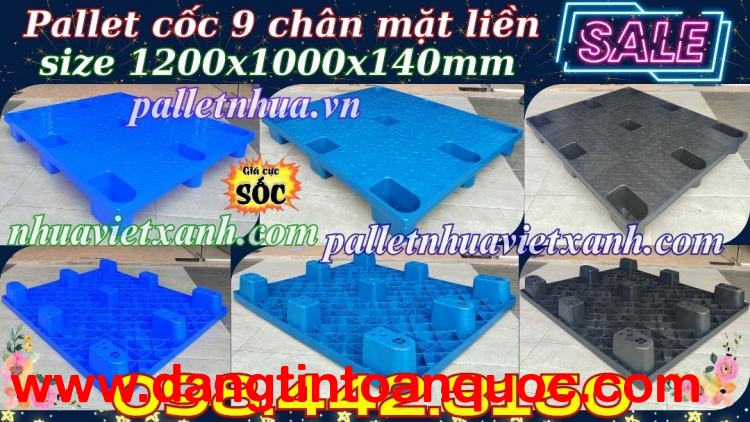 Pallet nhựa cốc 9 chân mặt liền 1200x1000x140mm