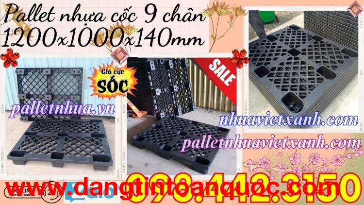 Pallet nhựa cốc 9 chân màu đen - KT 1200x1000x140mm