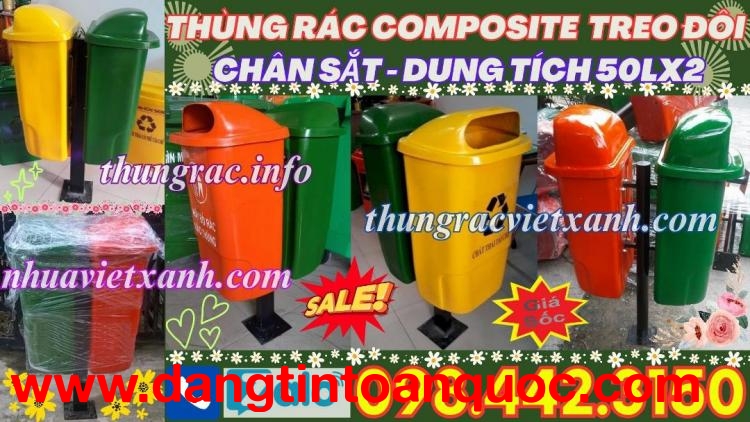 Thùng rác treo đôi nhựa composite 50Lx2 chân sắt