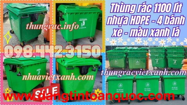 Thùng rác 1100 lít nhựa HDPE - 4 bánh xe - màu xanh lá