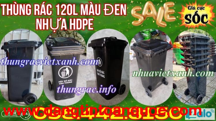 Thùng rác nhựa 120 lít màu đen - nắp kín - 2 bánh xe