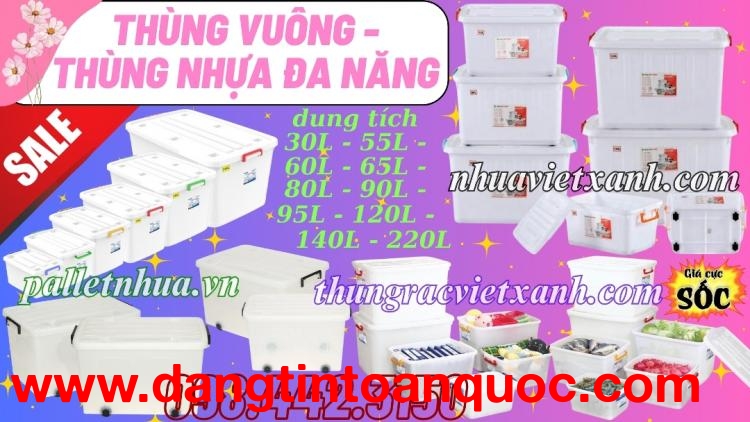 Thùng vuông đa năng có bánh xe có nắp dung tích 30 lít đến 220 lít