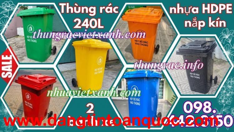 Thùng rác 240 lít nắp kín nhựa HDPE 2 bánh xe - nhiều màu sắc phân loại rác