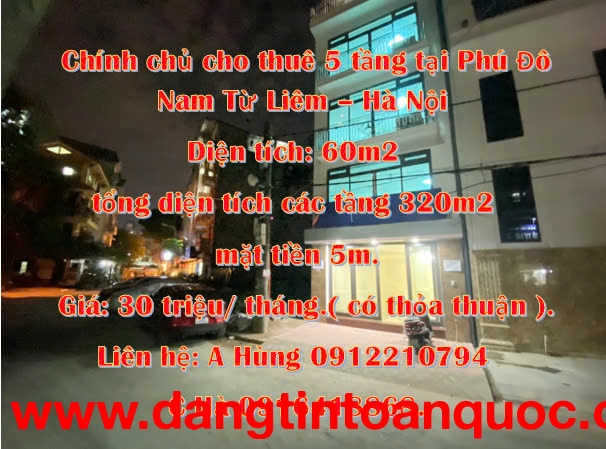 Chính chủ cho thuê 5 tầng tại Phú Đô - Nam Từ Liêm.