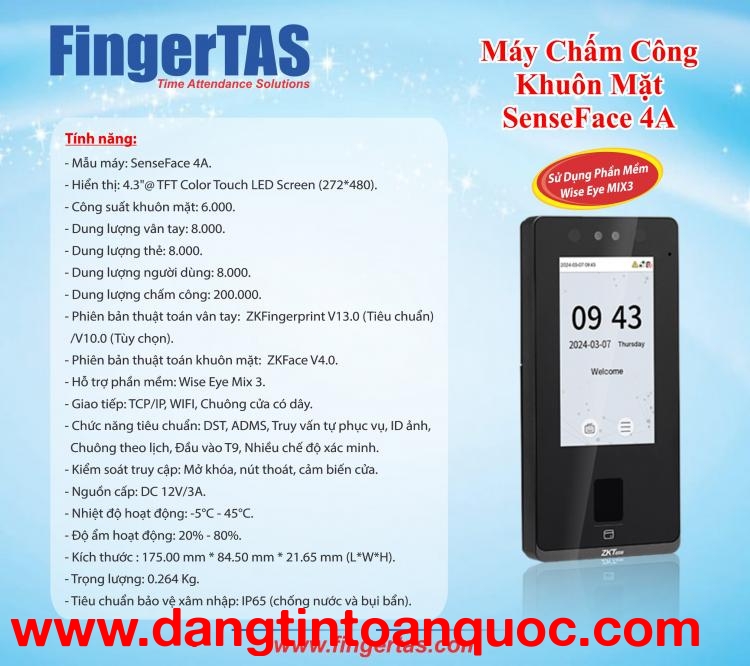 Máy Chấm Công Bằng Khuôn Mặt SenseFace 4A mẫu mới