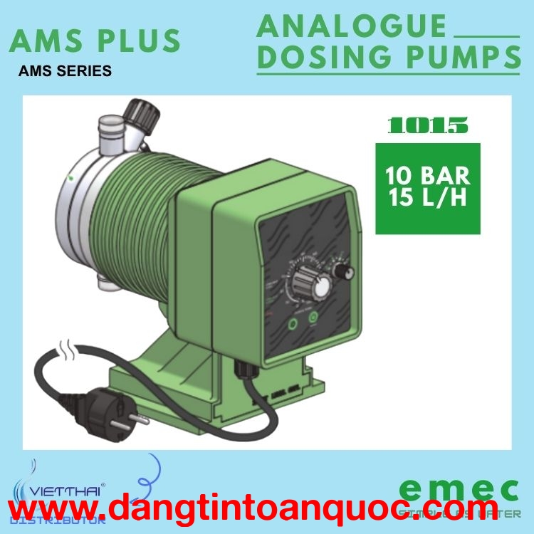 Bơm định lượng EMEC AMS PLUS 1510 K/PP lưu lượng 10 L/h tại 15 bar định lượng liên tục hoặc tỉ lệ