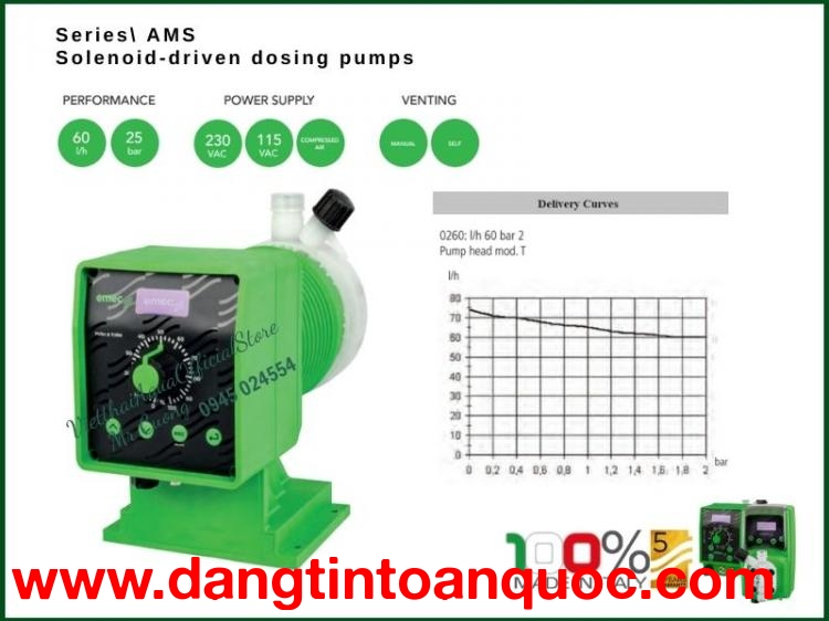 Bơm định lượng EMEC AMS PLUS 0260 K/PP châm hóa chất (acid, kiềm,...) lưu lượng 60L/h tại áp 2 bar