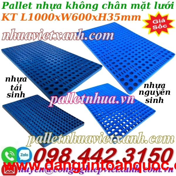 Pallet nhựa lót sàn không chân 1000x600x35mm - mặt lưới - xanh dương