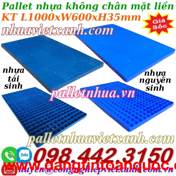 Pallet nhựa lót sàn không chân 1000x600x35mm - mặt liền - xanh dương