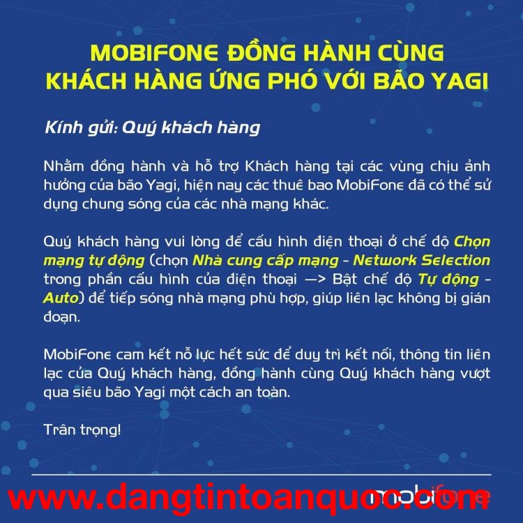 Trong mưa bão Yagi, MobiFone có thể dùng chung sóng với các nhà mạng khác