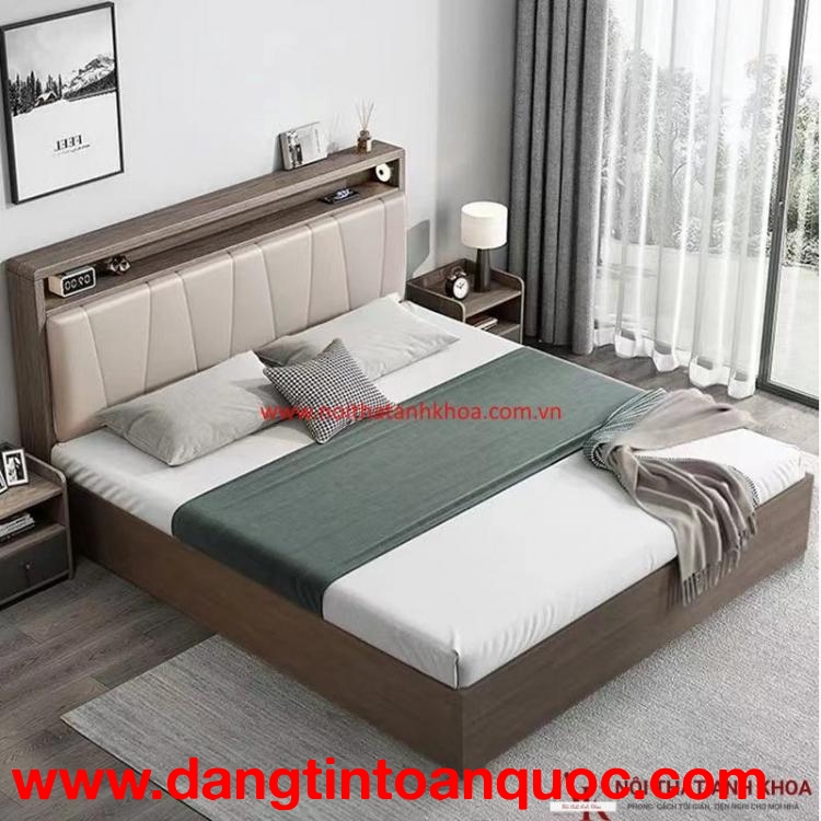 Giường Ngủ MDF Màu Nâu Đầu Kệ Nệm Đẹp Giá Rẻ