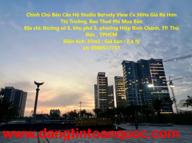 Chính Chủ Bán Căn Hộ Studio Bervely View Cv 36Ha Giá Rẻ Hơn Thị Trường, Bao Thuế Phí Mua Bán