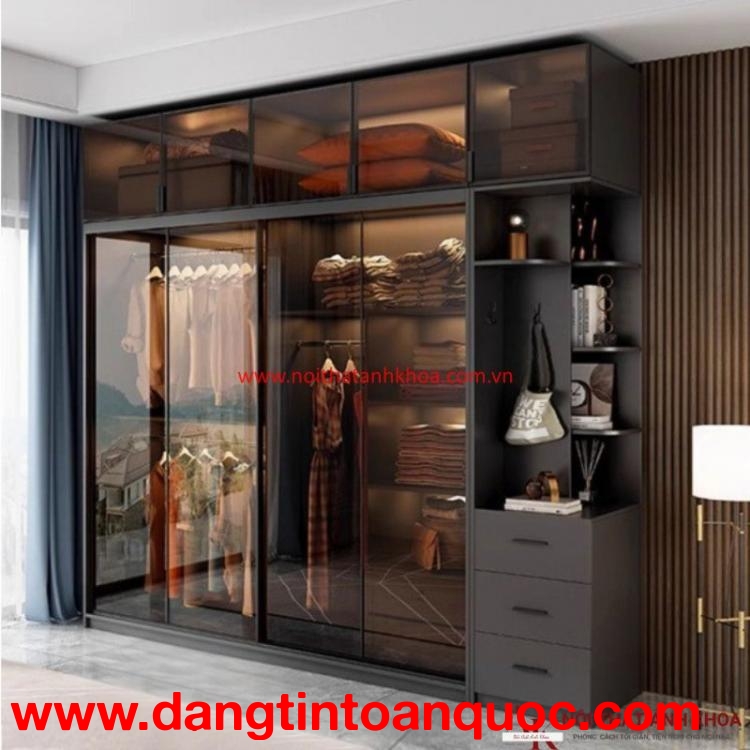 Tủ Áo Cánh Kính Gỗ MDF Màu Xám Chì