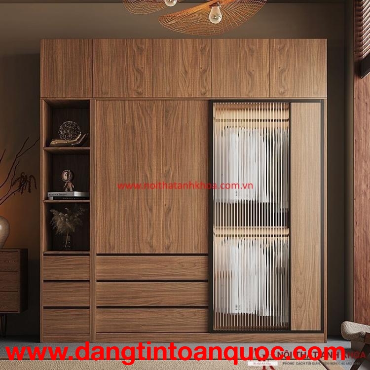 Tủ Quần Áo MDF Màu Óc Chó Phối Cánh Kính