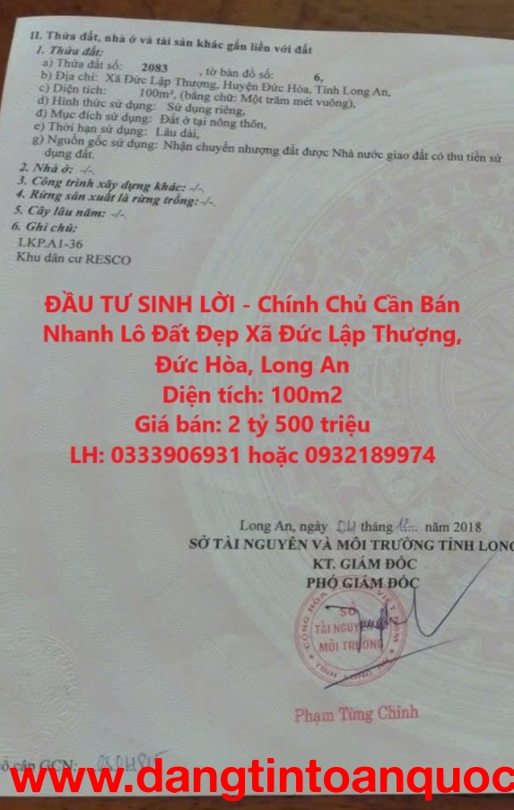 ĐẦU TƯ SINH LỜI - Chính Chủ Cần Bán Nhanh Lô Đất Đẹp Xã Đức Lập Thượng, Đức Hòa, Long An