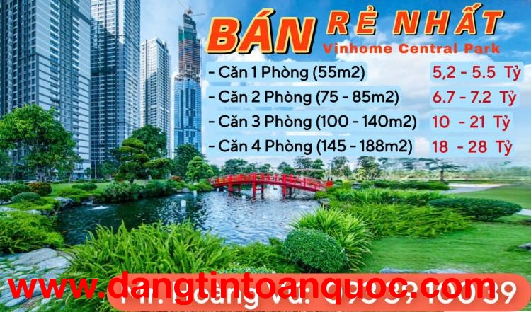 Bán căn hộ Vinhomes Central Park: 1PN=5tỷ2, 2PN=6tỷ7, 3PN=10tỷ 4PN=18tỷ. Hàng thật giá thật.LH: 0933