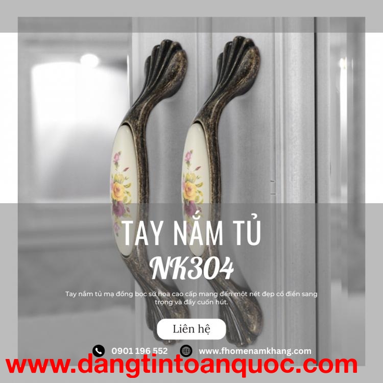 Tay nắm tủ mạ đồng cổ bọc sứ hoa cao cấp NK304 | Zalo 0901 196 552