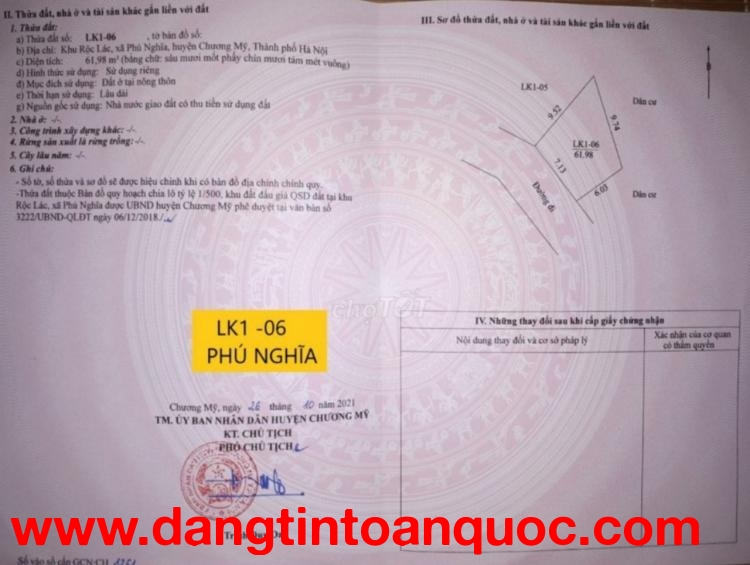 RỘC RÁC PHÚ NGHĨA MỘT LÔ DUY NHẤT TRÊN THỊ TRƯỜNG chính chủ cần bán lô đấu giá Phú Nghĩa - LK1 ruộc 