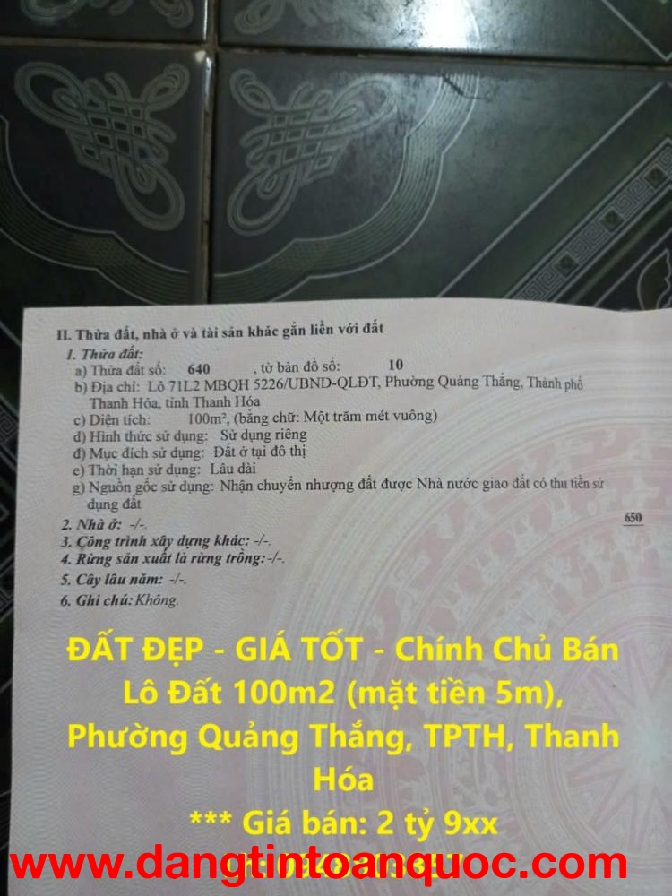 ĐẤT ĐẸP - GIÁ TỐT - Chính Chủ Bán Lô Đất 100m2 (mặt tiền 5m), Phường Quảng Thắng, TPTH, Thanh Hóa