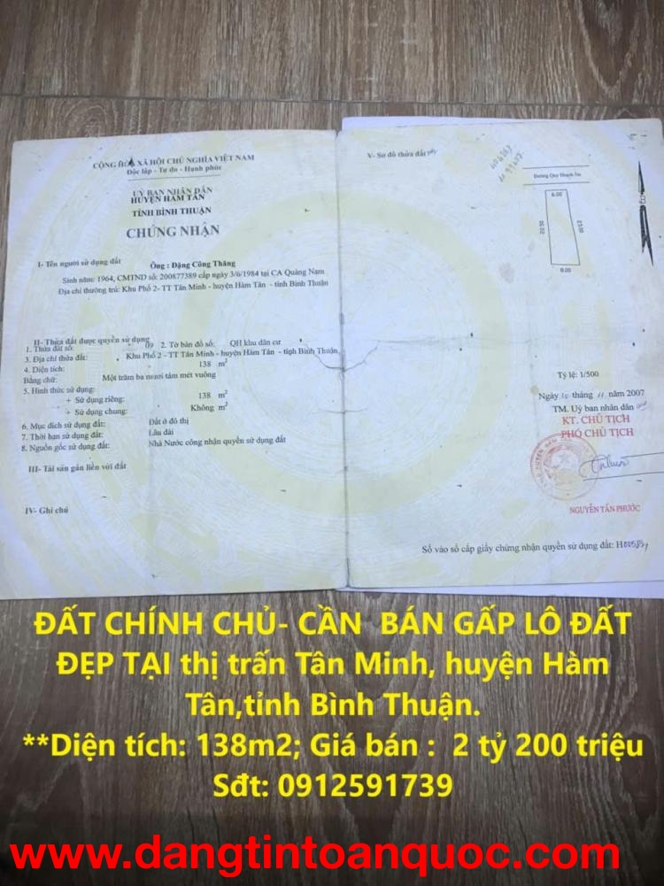 ĐẤT CHÍNH CHỦ- CẦN  BÁN GẤP LÔ ĐẤT ĐẸP TẠI thị trấn Tân Minh, huyện Hàm Tân,tỉnh Bình Thuận.