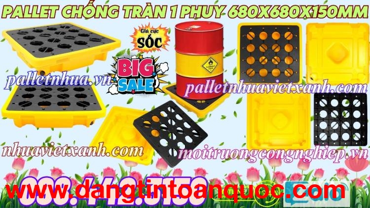 Pallet nhựa chống tràn dầu - hóa chất 1 phuy 680x680x150mm