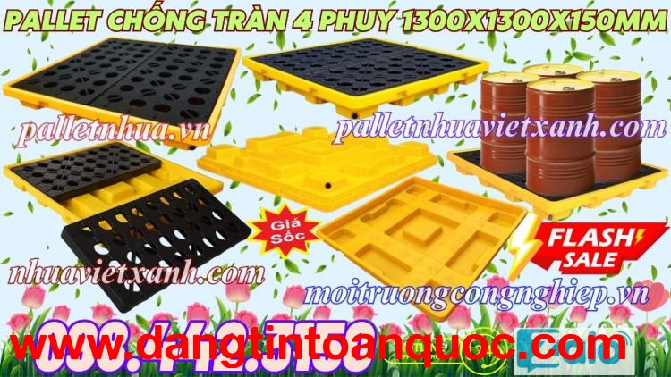 Pallet nhựa chống tràn dầu - hóa chất 4 phuy 1300x1300x150mm