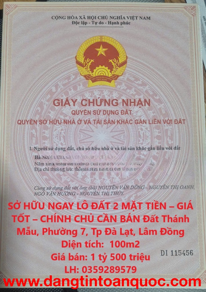 SỞ HỮU NGAY LÔ ĐẤT 2 MẶT TIỀN – GIÁ TỐT – CHÍNH CHỦ CẦN BÁN Đất Thánh Mẫu, Đà Lạt