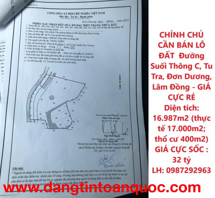 CHÍNH CHỦ CẦN BÁN LÔ ĐẤT  Đường Suối Thông C, Tu Tra, Đơn Dương, Lâm Đồng - GIÁ CỰC RẺ