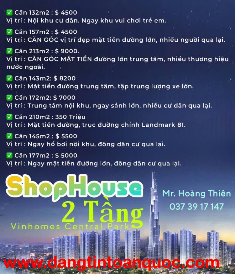 Thuê Shophouse 2 tầng Vinhomes Central Park, Tháng 10.2024 hơn 150m: 112 triệu.LH: 0373917147