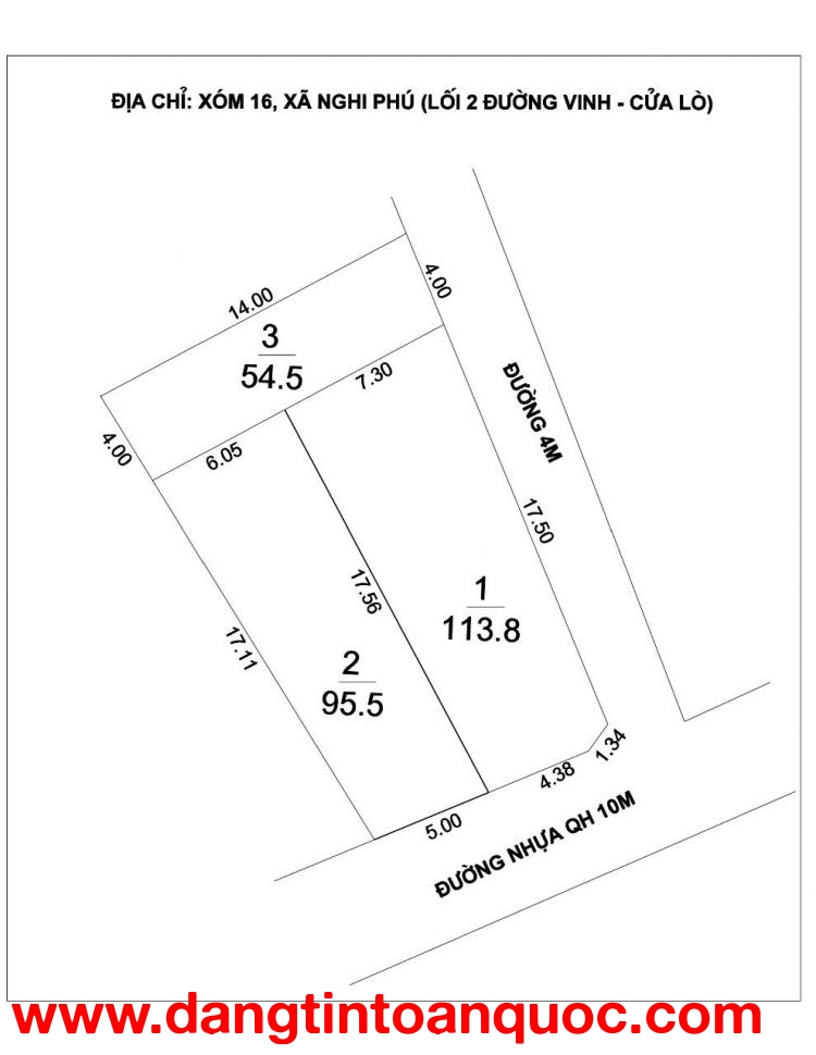 Bán 3 lô lối 2 đường 72m, Xóm 16 Nghi Phú, TP Vinh