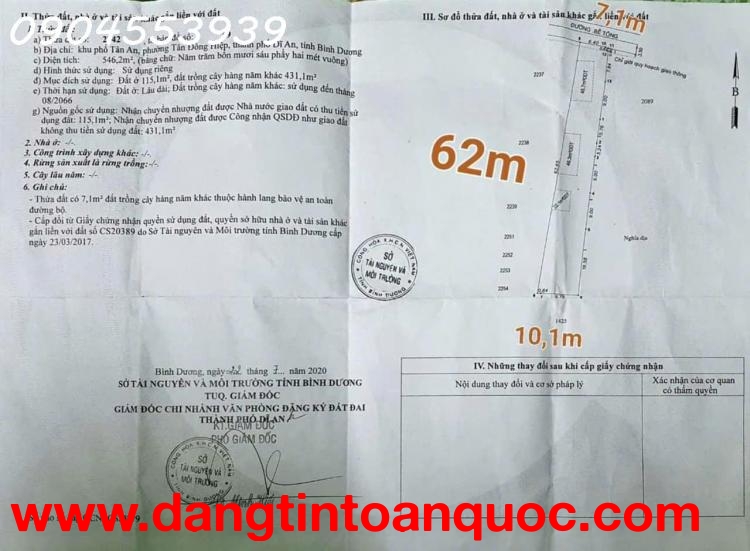 Bán 546m2 Tân Đông Hiệp – Dĩ An – Bình Dương