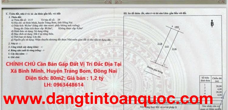 CHÍNH CHỦ Cần Bán Gấp Đất Vị Trí Đắc Địa Tại Xã Bình Minh, Huyện Trảng Bom, Đồng Nai