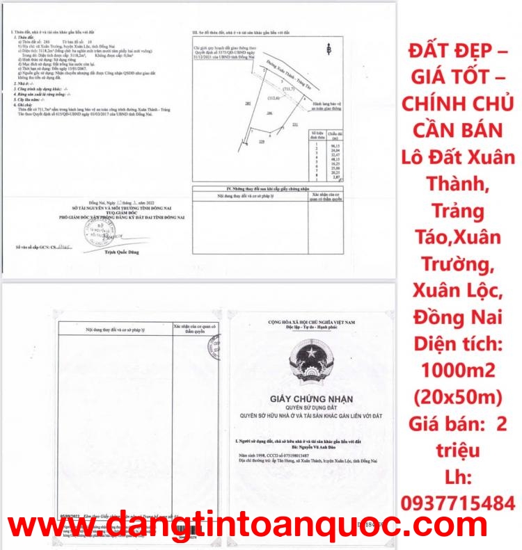 ĐẤT ĐẸP – GIÁ TỐT – CHÍNH CHỦ CẦN BÁN Lô Đất Xuân Thành, Trảng Táo,Xuân Trường, Xuân Lộc, Đồng Nai