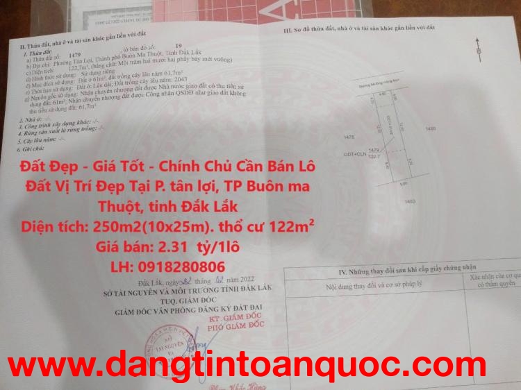 Đất Đẹp - Giá Tốt - Chính Chủ Cần Bán Lô Đất Vị Trí Đẹp Tại P. tân lợi, TP Buôn ma Thuột, tỉnh Đắk L