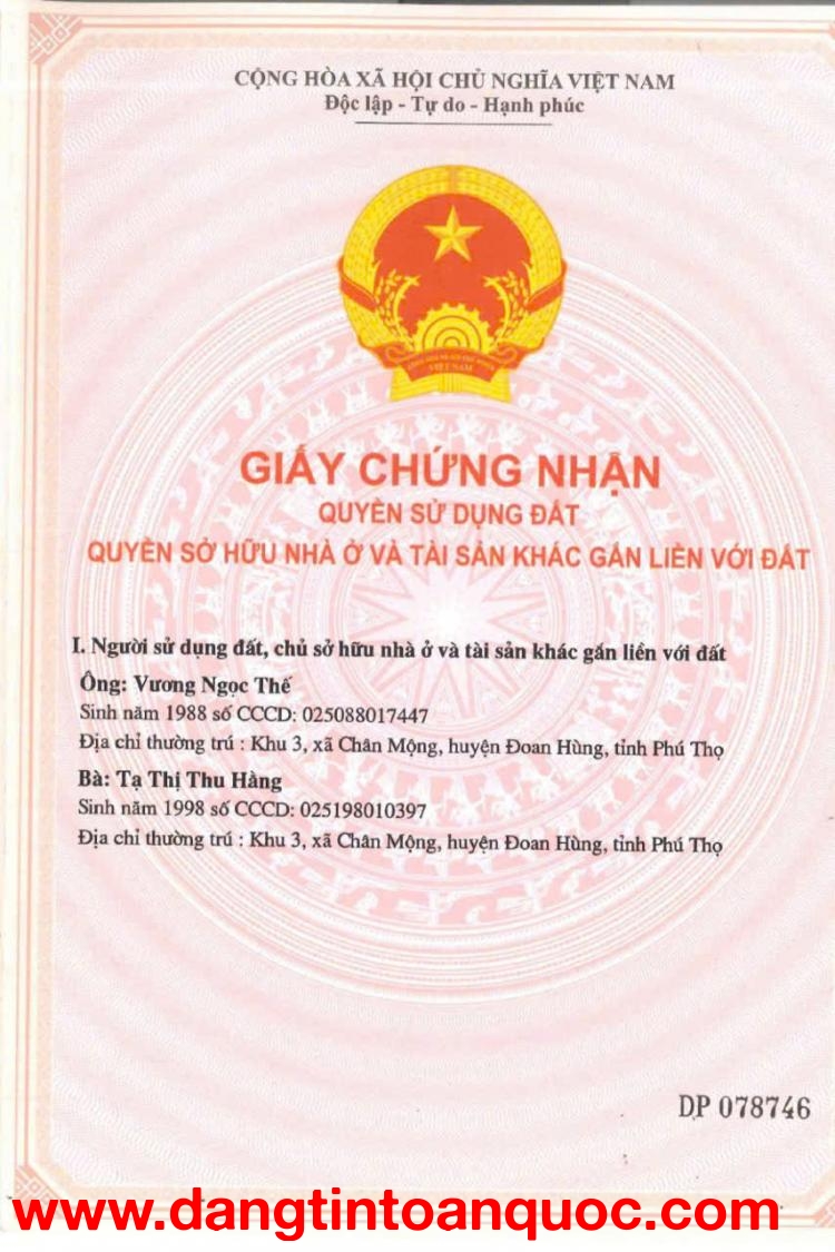 CHÍNH CHỦ BÁN LÔ ĐẤT MẶT ĐƯỜNG QL2 CHÂN MỘNG, ĐOAN HÙNG, PHÚ THỌ