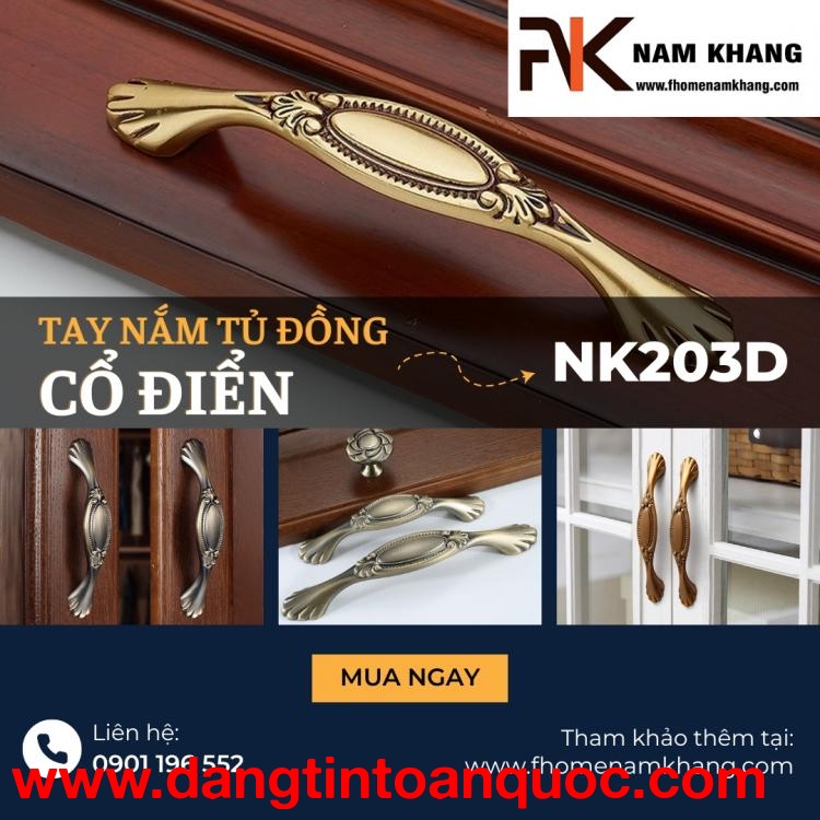 Tay nắm tủ đồng cổ điển phối hoa văn NK203D | Zalo 0901 196 552