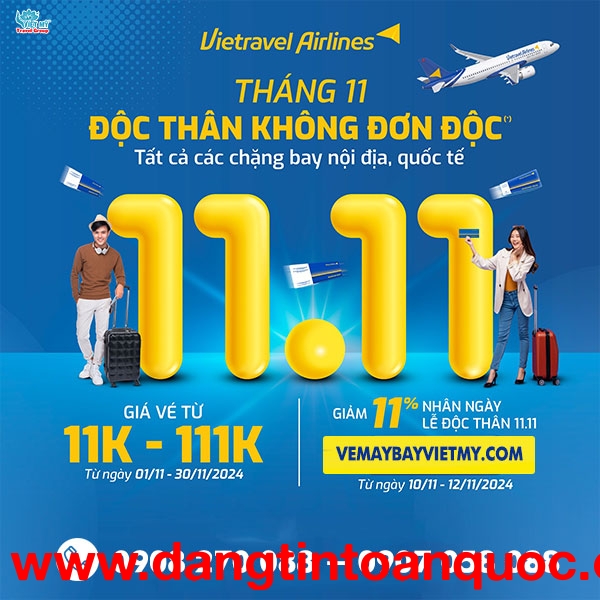 Vietravel Airlines giảm 11% nhân ngày lễ Độc thân 11.11