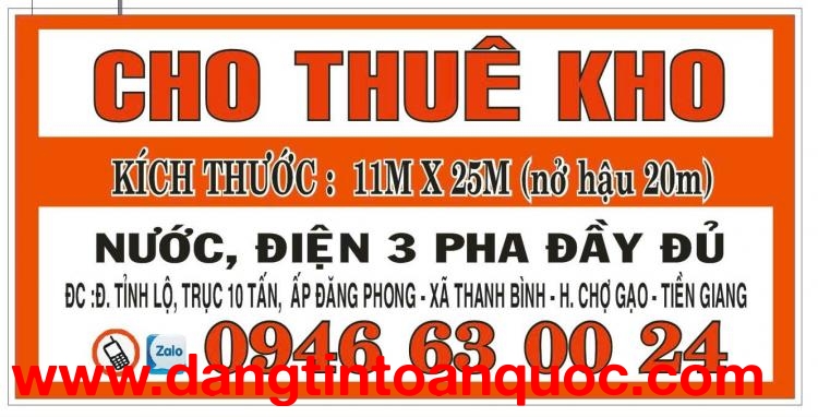 CHÍNH CHỦ CHO THUÊ KHO XƯỞNG TẠI ĐƯỜNG TỈNH LỘ - CHỢ GẠO - TIỀN GIANG.