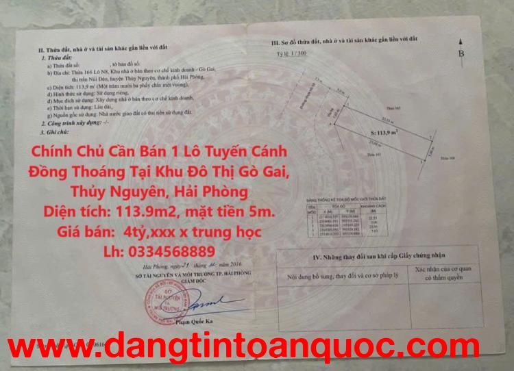 Chính Chủ Cần Bán 1 Lô Tuyến Cánh Đồng Thoáng Tại Khu Đô Thị Gò Gai, Thủy Nguyên, Hải Phòng