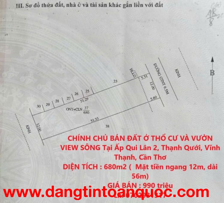 CHÍNH CHỦ BÁN ĐẤT Ở THỔ CƯ VÀ VƯỜN VIEW SÔNG Tại Ấp Qui Lân 2, Thạnh Qưới, Vĩnh Thạnh, Cần Thơ