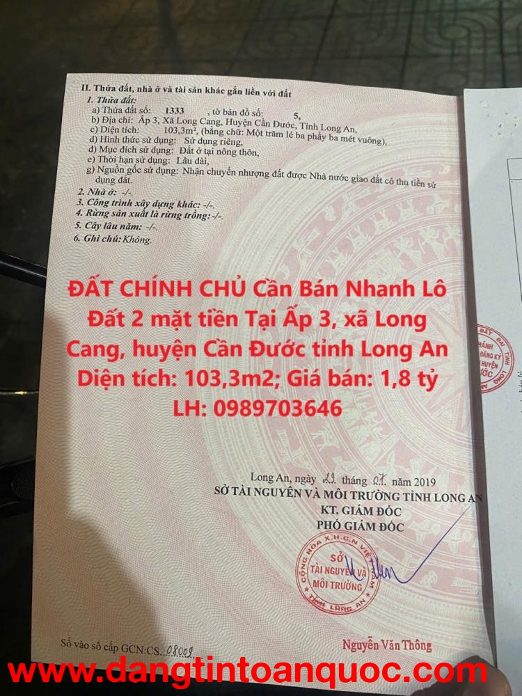 ĐẤT CHÍNH CHỦ Cần Bán Nhanh Lô Đất 2 mặt tiền Tại huyện Cần Đước tỉnh Long An