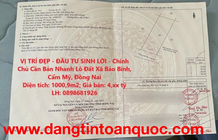 VỊ TRÍ ĐẸP - ĐẦU TƯ SINH LỜI - Chính Chủ Cần Bán Nhanh Lô Đất Xã Bảo Bình, Cẩm Mỹ, Đồng Nai