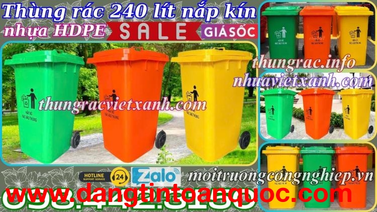 Thùng rác 240 lít nắp kín nhựa HDPE 2 bánh xe